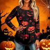Women's Casual Long Sleeve T Shirt Pleated Round Neck Halloween Pumpkin Print Top Lightweight Comfortable Fit