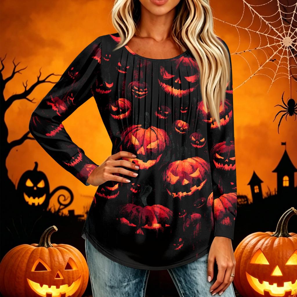 Women's Casual Long Sleeve T Shirt Pleated Round Neck Halloween Pumpkin Print Top Lightweight Comfortable Fit