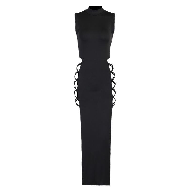 Knitted strap dress 2026 summer European and American women's clothing black sexy backless temperament double split long dress women