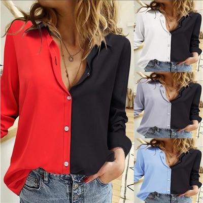 New Casual Single-breasted Solid Color Stitching Long-sleeved Lapel Shirt Women's Top