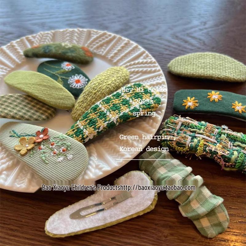 Korean Spring Green Floral Hair Clip for Kids - Cute Embroidered Flower BB Hairpin