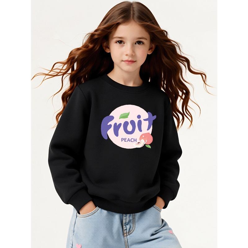 Girls' Round Neck Sweatshirt, Girls' Casual Sweatshirt Printed Round Neck Pullover, Fruit Peach Design Pattern