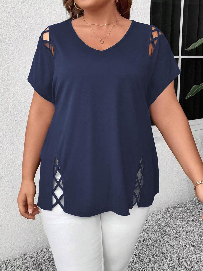 Plus Size Women's Sexy V-neck Strappy Short Sleeve T-shirt - 2025 Summer Collection