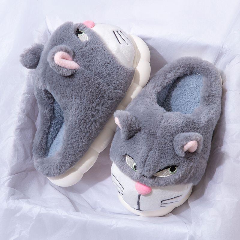 New Creative Angry Kitten Slippers Men's Winter Fluffy Fur Slides Shoes for Home Man Indoor Flip Flops Unisex Warm House Slipper
