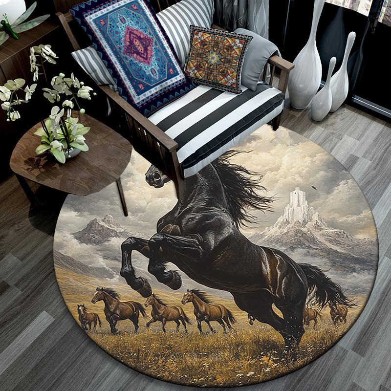 Black Horse Round Area Rug,Carpet Rug for Living Room Bedroom Sofa Playroom Decor,Non-slip Floor Mat