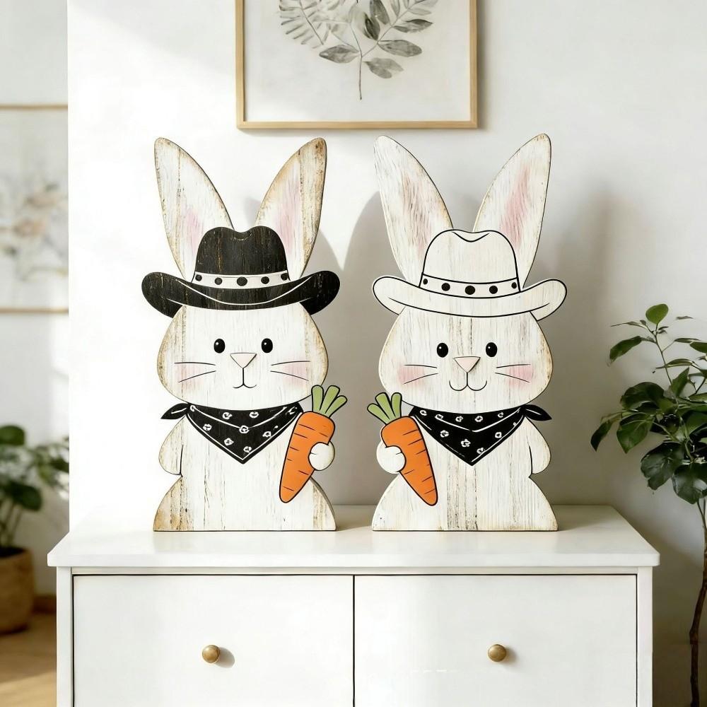 

2Pcs Rabbit-Shaped Easter Bunny Wooden Easter Table Decor Spring Desktop Sign Easter Decorations style 2
