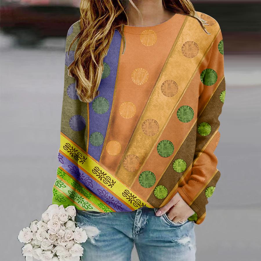 Tops For Women Color Blocked Dot Chart Print Round Neck Long Sleeve T-shirt Fall Casual Slim Pullover Women's Long Sleeve Top