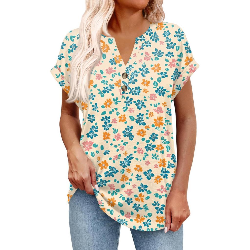 Dámský módní ležérní krátkorukávový svetr s výstřihem do V, na knoflíky, s potiskem