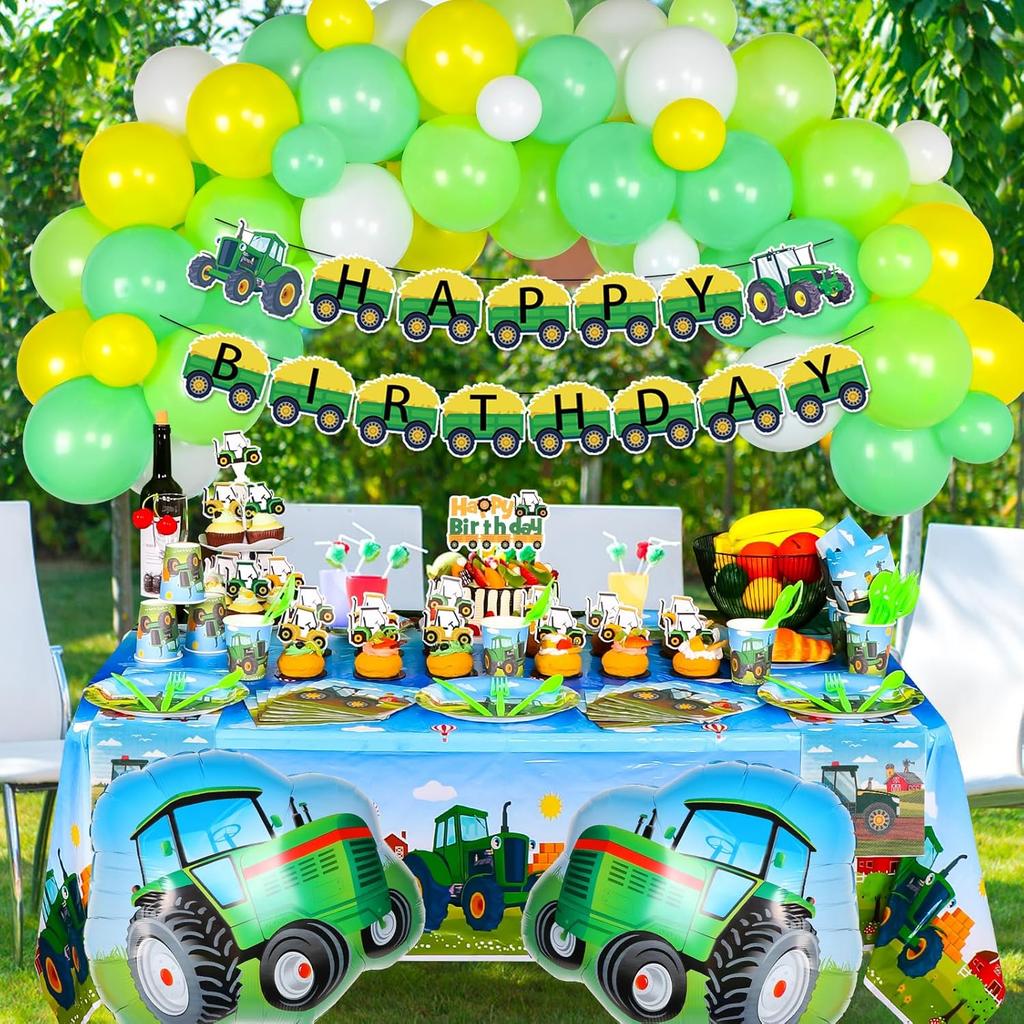 Farm Green Tractor Birthday Party Supplies, Tractor Birthday Decorations with Tractor Balloons, Backdrop, Tablecloth, Banner, Cake Toppers, John