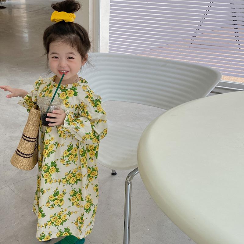 Girls Floral Printing Full Sleeves Dress Spring And Autumn 3-8 T