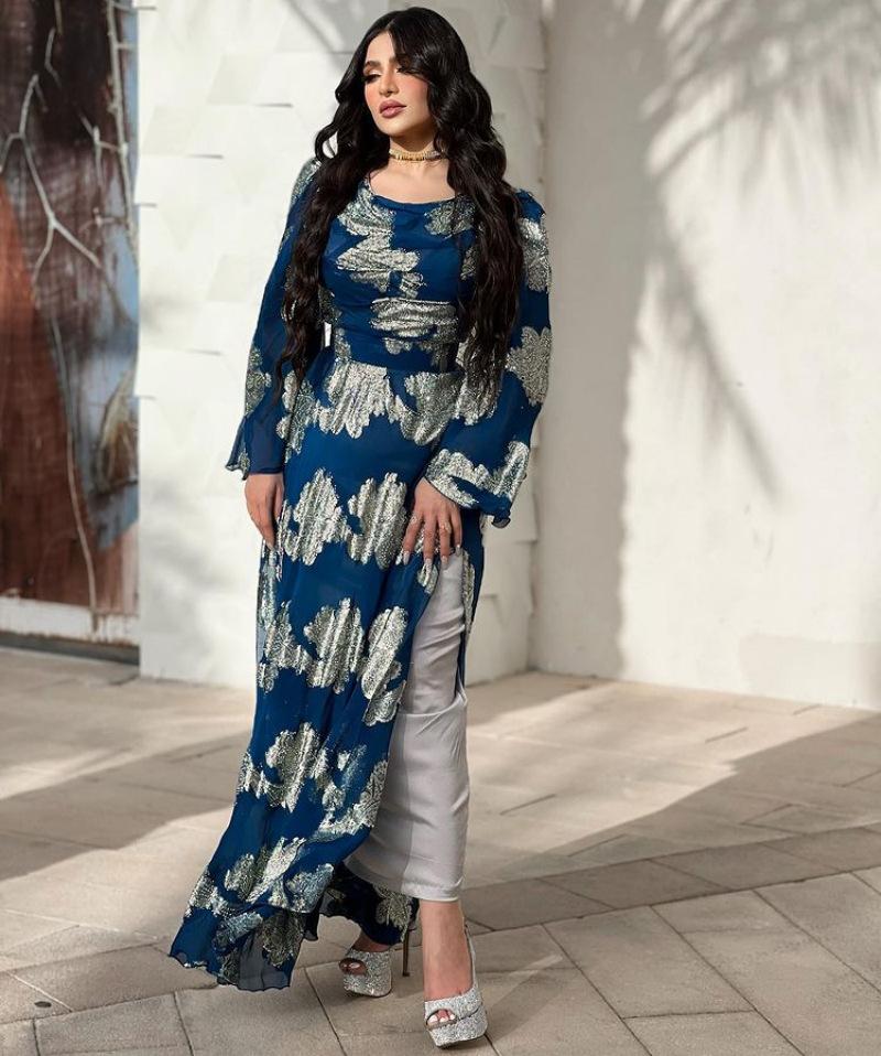 

2025 весна и лето женская одежда сексуальное печатное золотое шифоновое бальное платье платье новое XXL синий