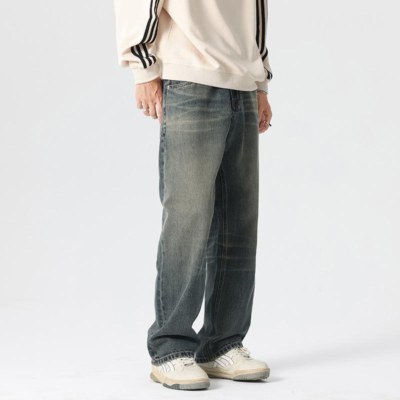 Heavy Autumn and Winter Loose Wide-leg American High Street Non-elastic Jeans Men's Trendy Brand Retro Old Versatile Long Pants
