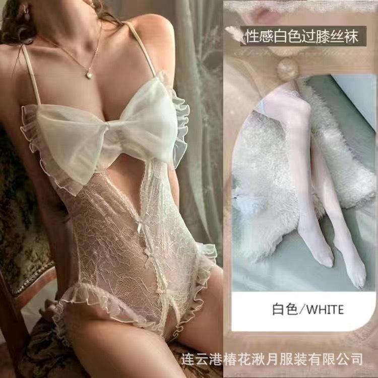 Sexy Perspective Sex Underwear Women's Mesh Big Bow Lace Seduction Onesie French Lace Open File