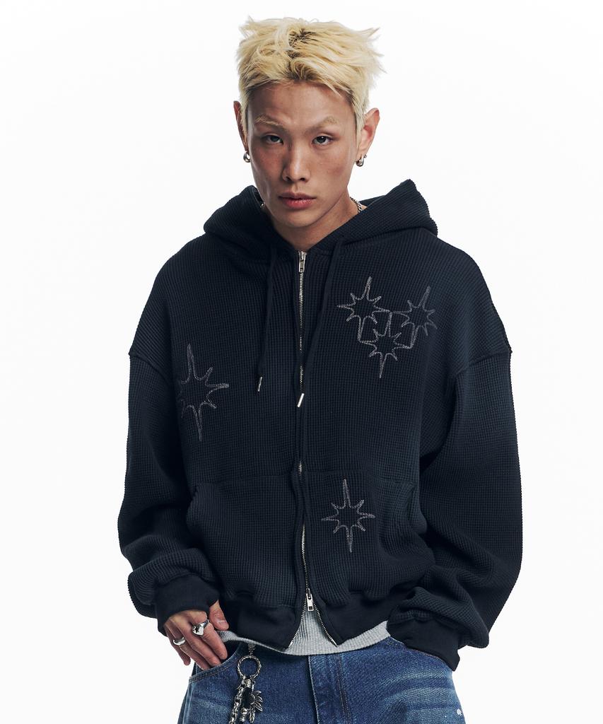 Easy No Easy Washed Star Waffle Zip-Up Hoodie - Black