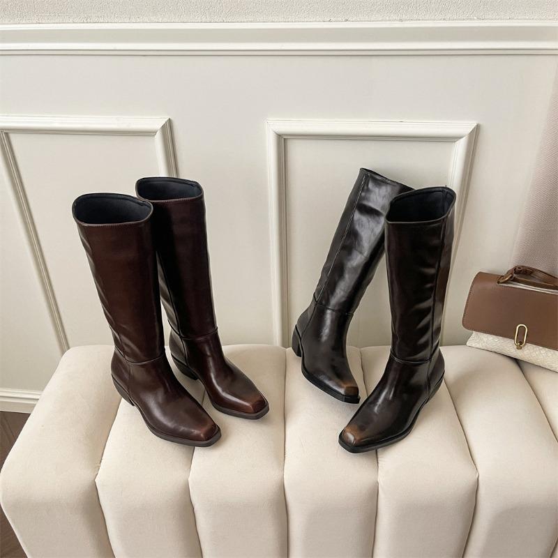Square head thick heel high boots knight boots women's autumn and winter thick sole thick legs thin wide tube boots