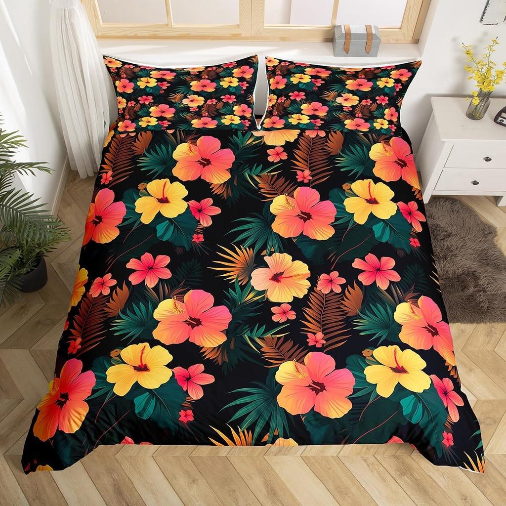 Hibiscus Duvet Cover Twin Colorful Rose Of Sharon Bedding Set,Botanical Floral Comforter Cover Tropical Palm Leaves Quilt Cover