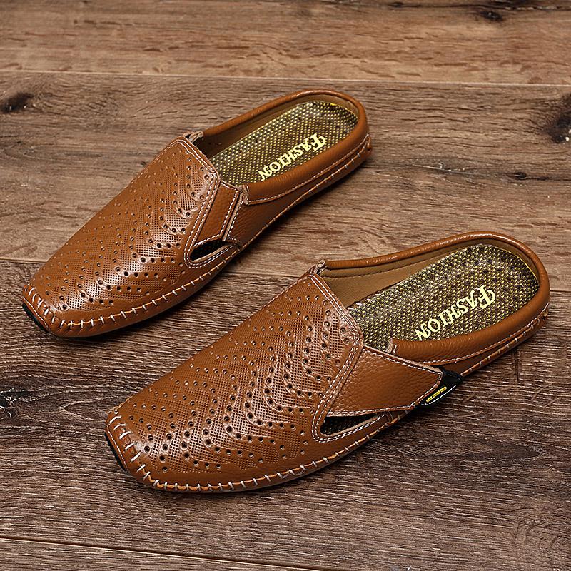 Fashion Summer New Genuine Leather Mens Half Slippers Breathable Casual Mules shoes Lightweight classic Non-slip driving flats Moccasins