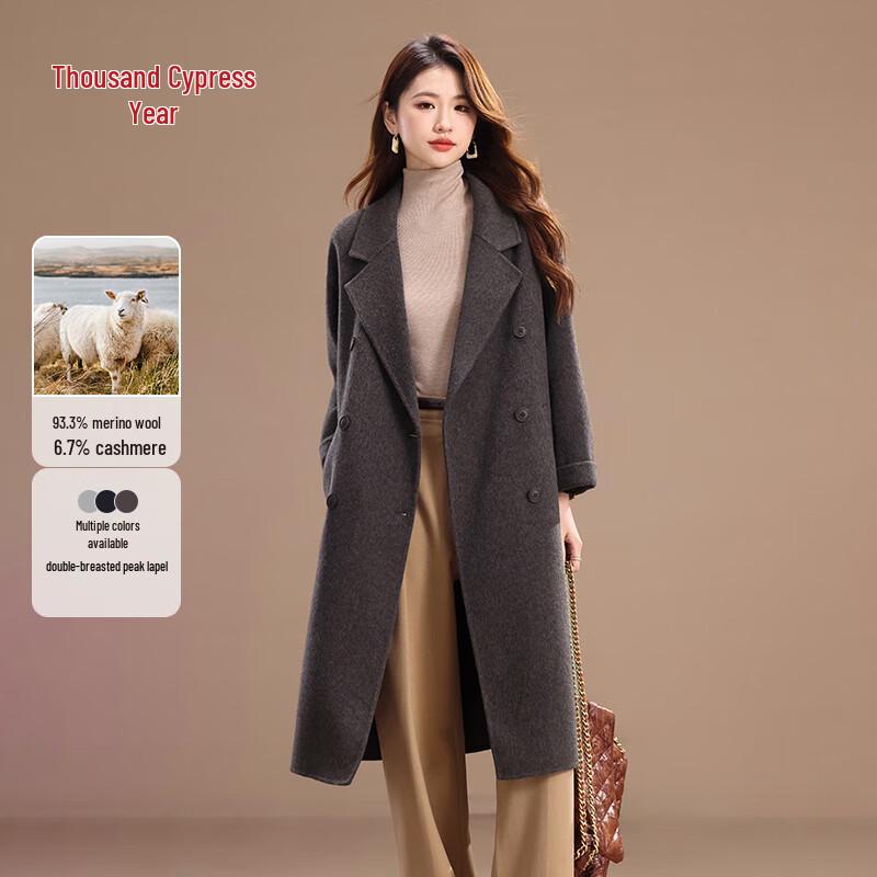 Qianbainian Women s Wool & Cashmere Blend Double-Faced Long Coat L