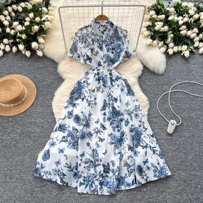 Elegant Sexy Print Slim Sashes Chic Short Sleeve Single Breasted  Lace-up Beach  Vacation Summer Women Clothing