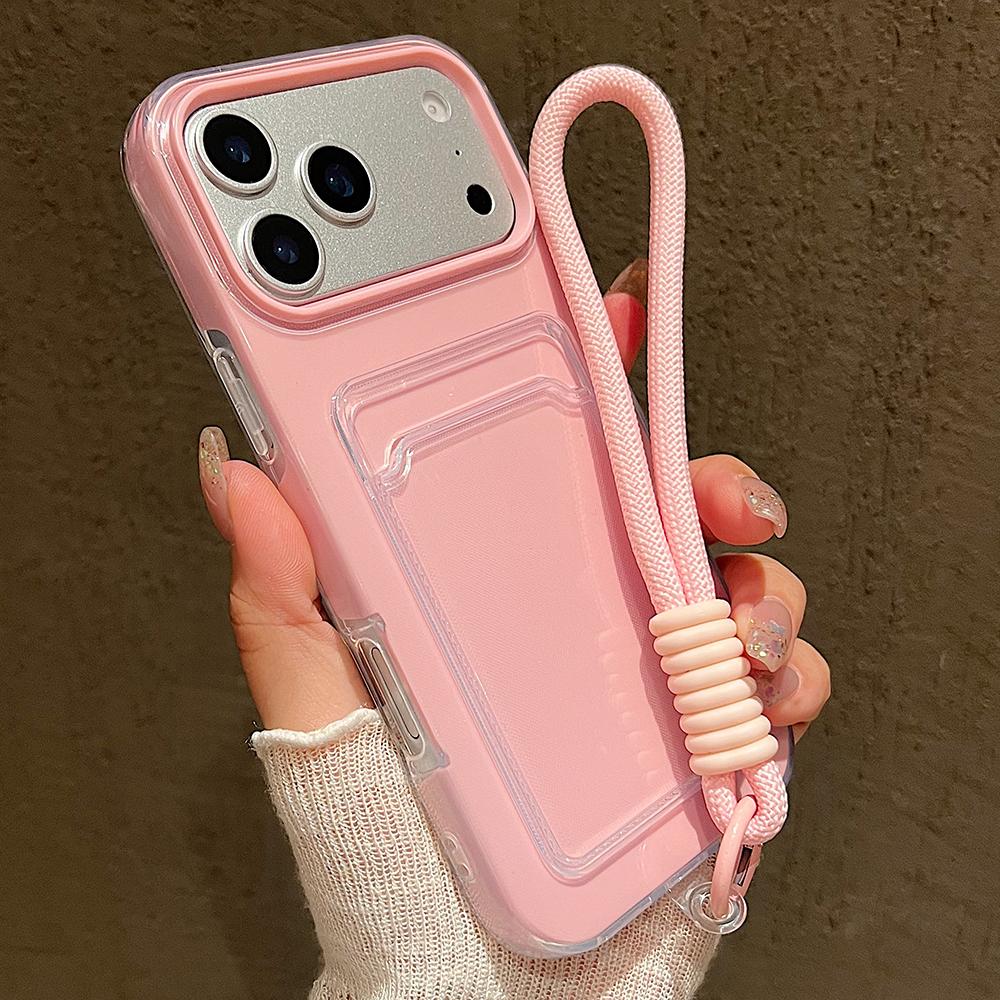 Candy Color Card Slot Bag Holder Phone Case For iPhone 17 16 15 14 13 12 11Pro Max Air Wrist Strap Shockproof Cover With Lanyard