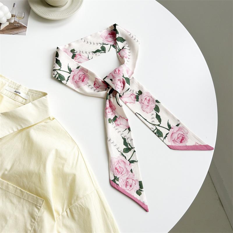 Spring Flower Print Silk Scarf Women's Versatile Long Strip Narrow Silk Scarf Pastoral Art Diagonal Streamer Tied Bag Ribbon