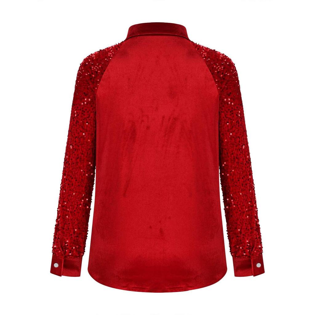 Haut Européen en Velours pour Femme avec Patchwork Manches à Sequins, Collection 2025