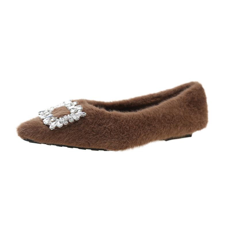 Low-heeled Diamond Furry Shoes for Women, New Winter Fashion Pointed Toe Shoes Warm Shallow-mouthed Women's Shoes