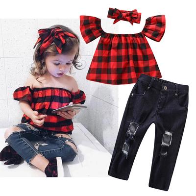Little Girls Off Shoulder Ruffle Plaid Tops Distressed Jeans Shirts Clothes Set