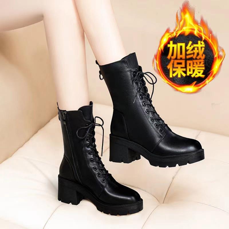 Autumn and Winter Pointed Short Boots New Boots High Heel Lace-up Soft Leather Middle Heel Show Feet Thin Velvet Martin Boots