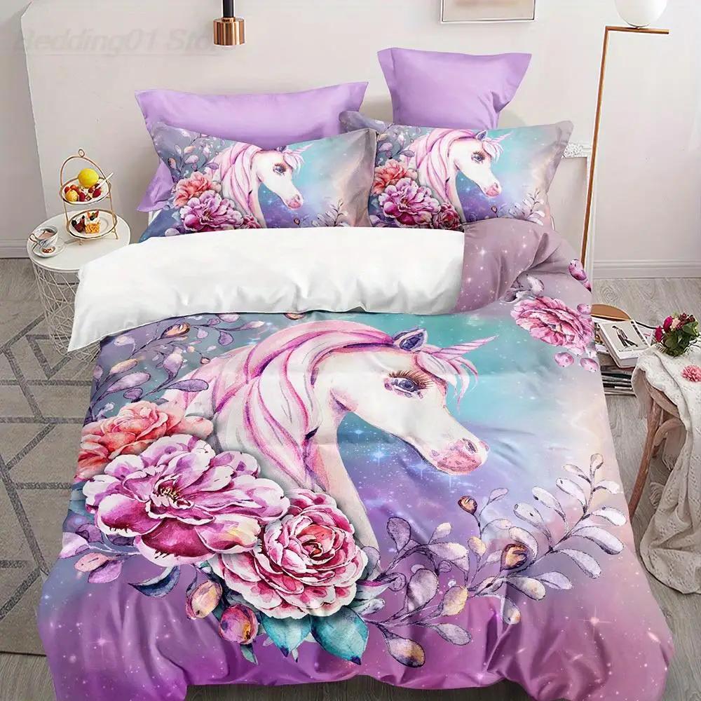 Rainbow Unicorn Duvet Cover Set Queen Size Glitter Rainbow Unicorn Bedding Set for Girls Teens Rainbow Unicorn Comforter Cover