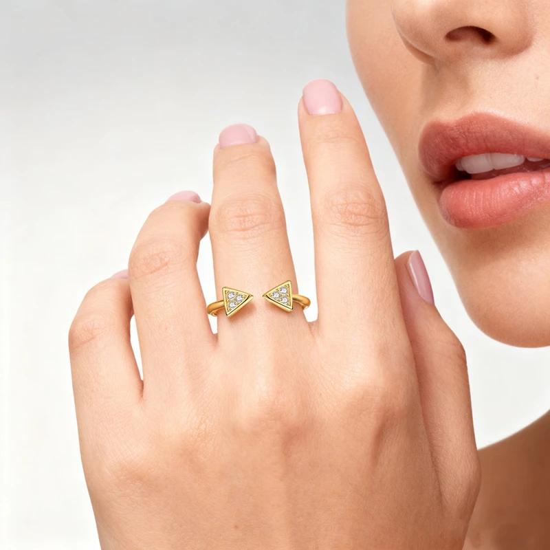 Authentic Original Ring Copper Metal Golden Triangle Geometric Ring Woman's Open Ring Anniversary High Quality Fine Perfect Gift Accessory