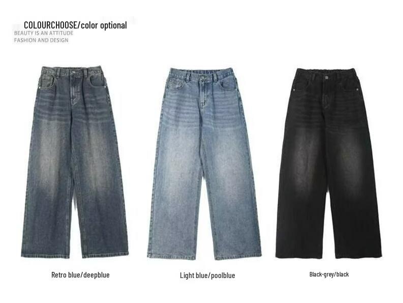Men's 2024 Washed Black Wide-Leg Jeans - Tall, Casual, Loose Fit, American Trend for Spring & Autumn.