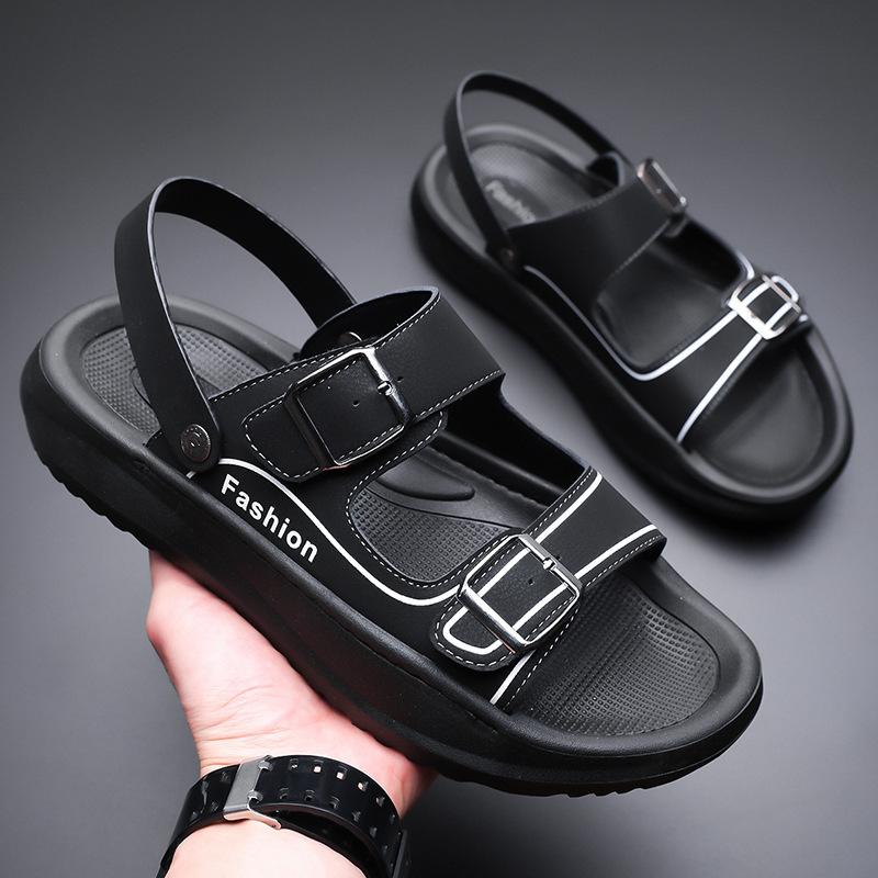 Fashion Summer New Buckle Designer Leather Sandals for Men  Solid Color Fashion Casual  Beach Shoes Male Anti-slip  Slipper Shoes Man