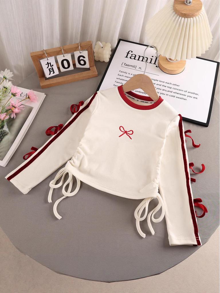 Girls' Embroidered Bow Long-Sleeve T-Shirt for Spring & Autumn