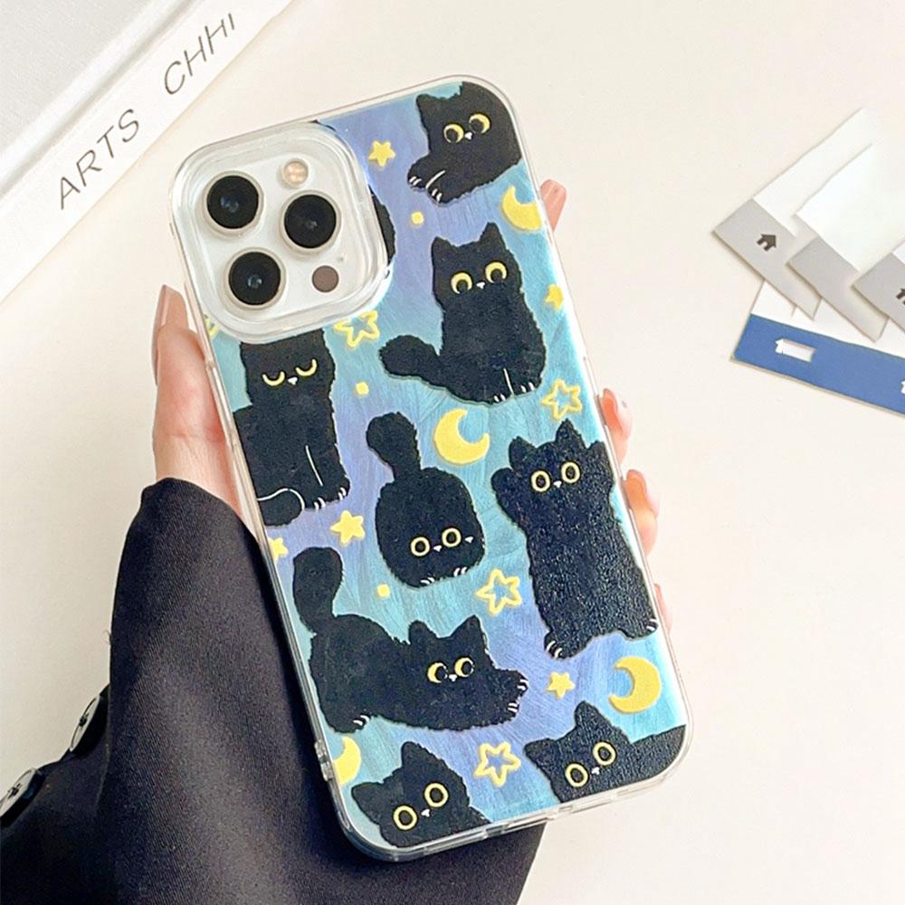 Cute Moon Black Cat Phone Case for iphone 16 15 14 7 8 Plus 13 Pro Max 16e X XS XR SE 2022 Shell Girls Soft Back Silicone Cover