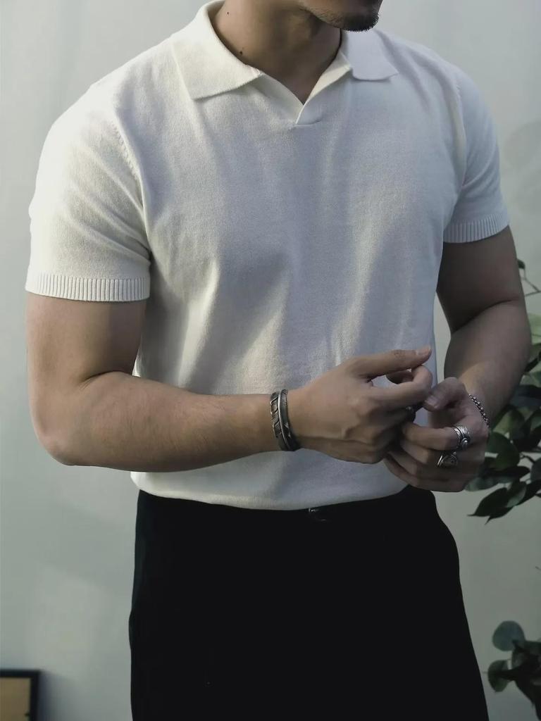 Men's Trendy Korean-Style Solid Color Knitted Polo Shirt