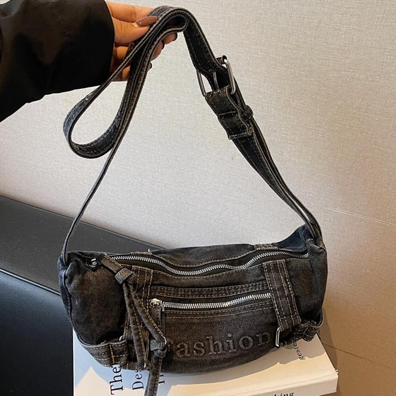 Τσάντα Crossbody από Τζιν, Απλή Τσάντα με Κέρατο, Ρετρό Πλυμένη Φθαρμένη Τσάντα