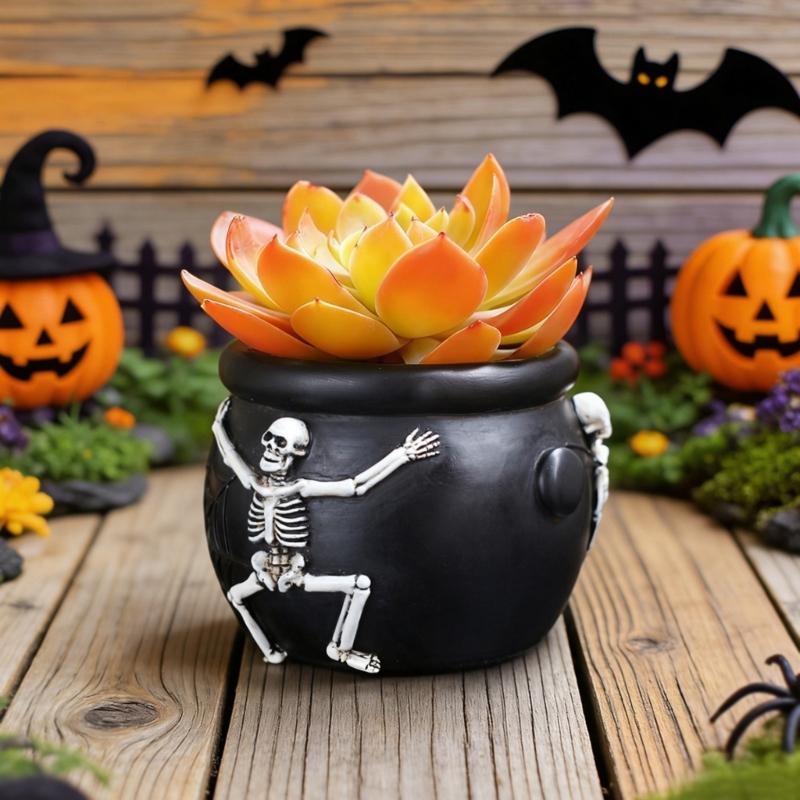 Gothic Succulents Planter, Halloween Skull Cauldron Pot In Resins for Table Decors, Small Flower Container for Shelf and Window Display