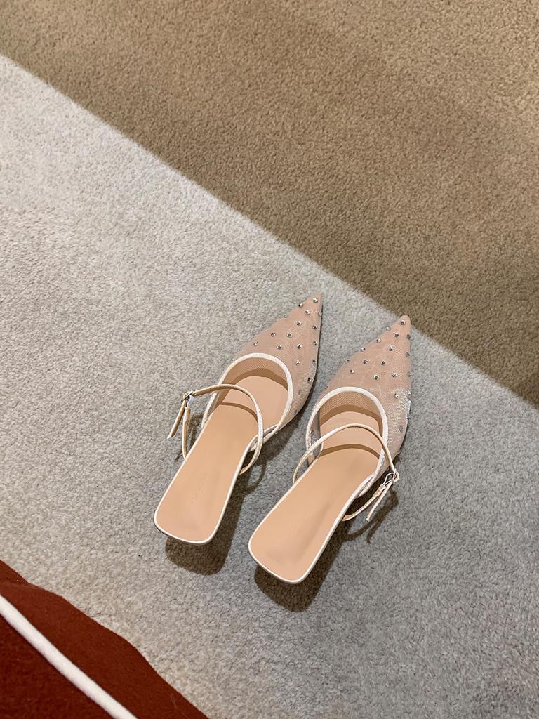 Sheepskin version~ Grape mother rhinestone pointed head temperament high heels mesh yarn breathable rear empty single shoes women's bag head cool s