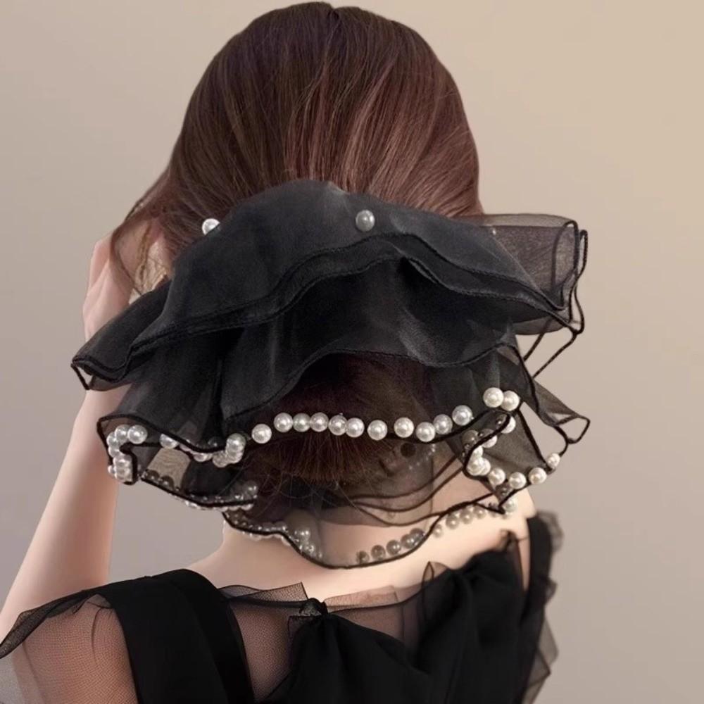 Pearl Large Organza Scrunchies Hair Bands Hair Ties Ponytail Holder Gentle Elastic Oversize Chiffon Scrunchies Bun Hairstyle