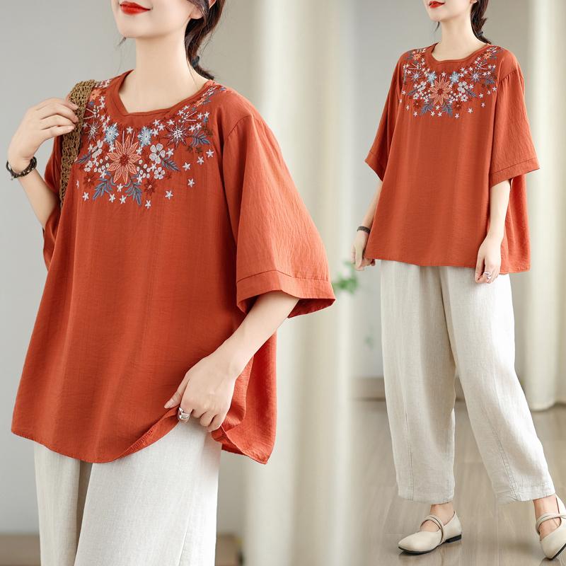 Dimanaf 2025 Summer Plus Size T-Shirt Vintage Women Short Sleeve Floral Short Loose Tops Tees