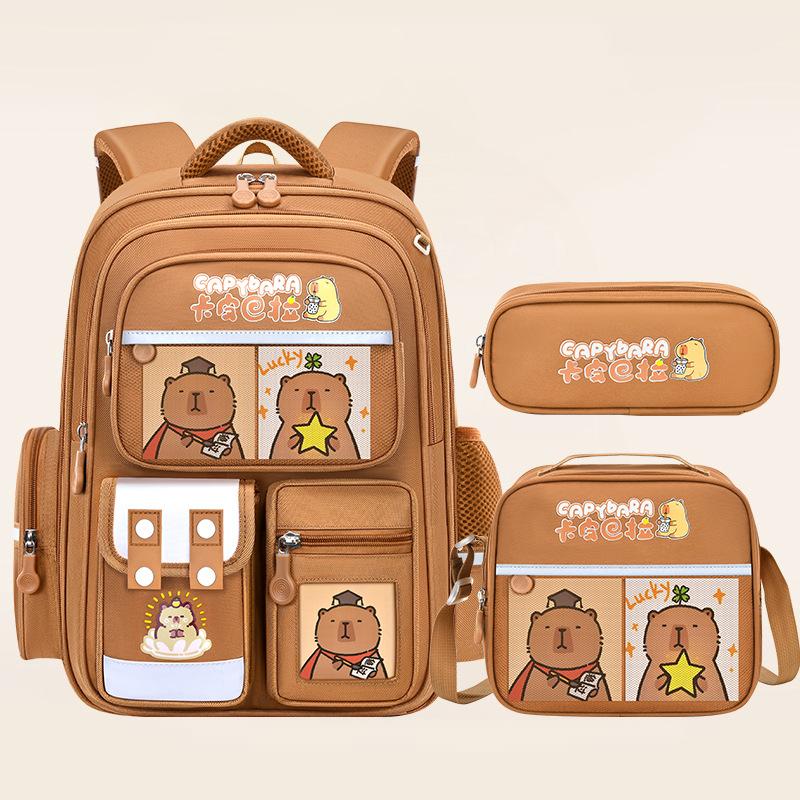 Capybara Schooltassen voor Jongens Meisjes Basisschooltas Cartoon Schoolrugzak Set Rugzak Bagpack Kinderen Leuke Kinder Boekentassen beige