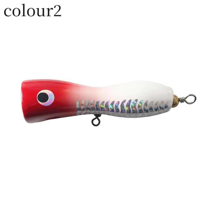 Wood & High Carbon Steel Floating Topwater Popper Lure with Hooks for Saltwater Tuna & Marlin