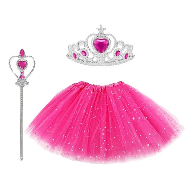 3 Pcs/Set Kids Princess Costume Accessories Crowns 3 Layers Tutu Skirt Magics Wand Ballet Skirt for Halloween Party
