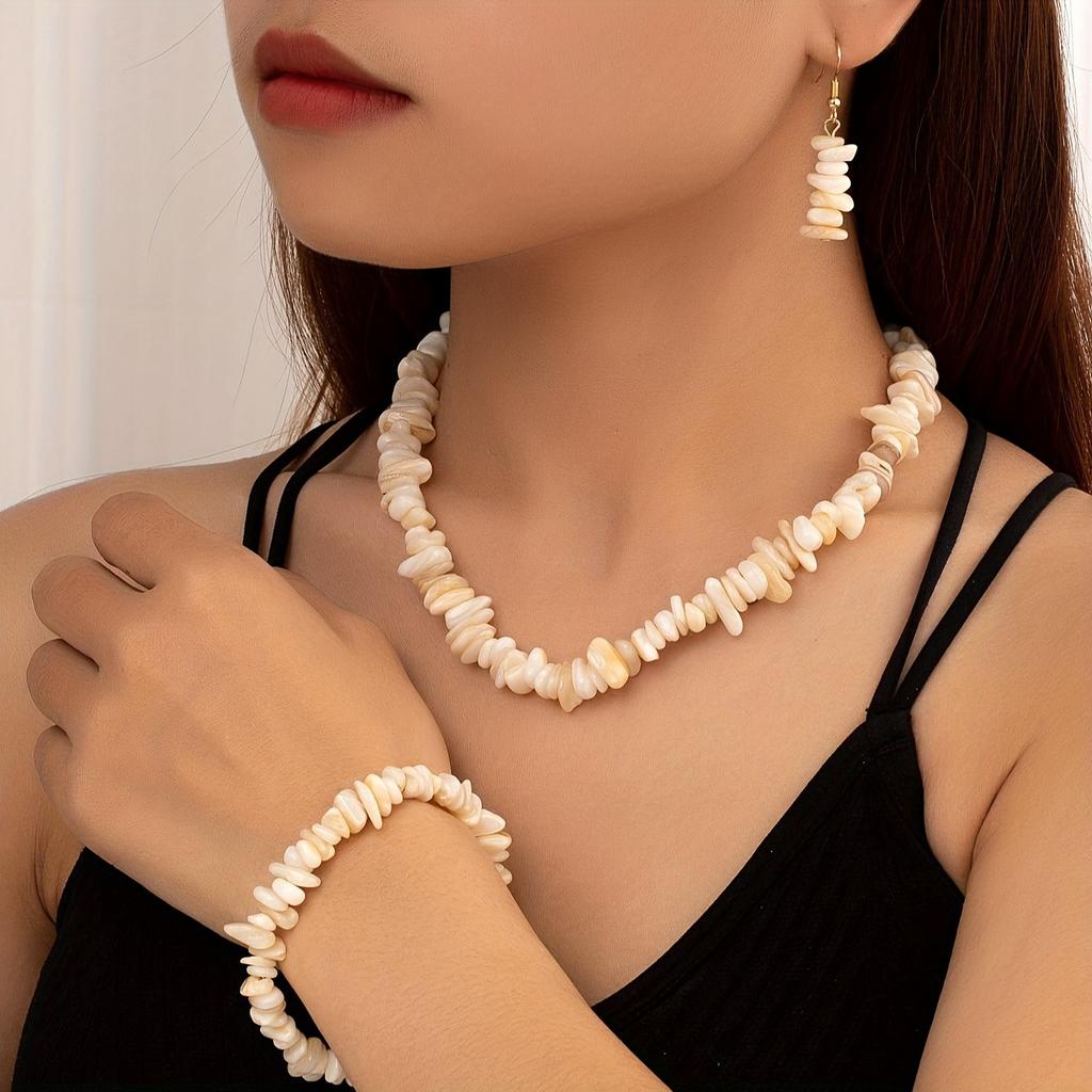 1 set of necklace bracelet earrings set Bohemian irregular white gravel beaded personality