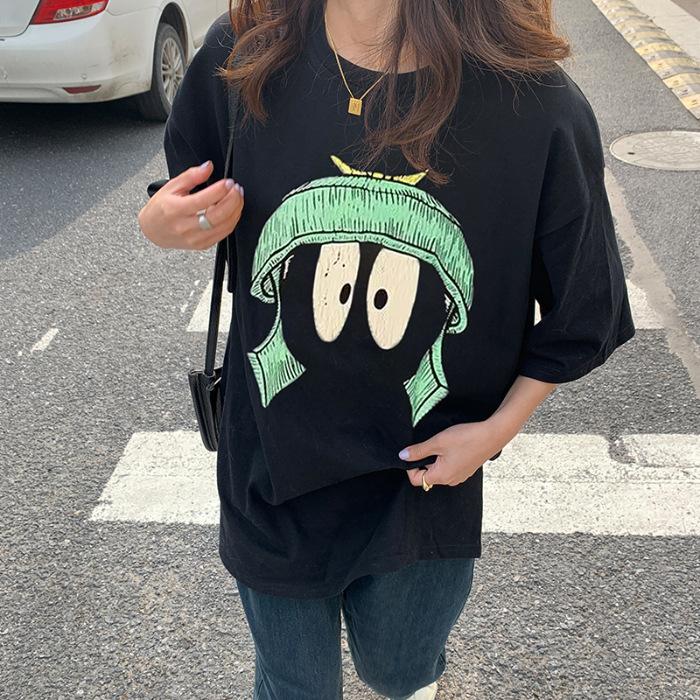 

Summer new large size fun printing short-sleeved t-shirt fat mm versatile loose casual pure cotton top women M чёрный