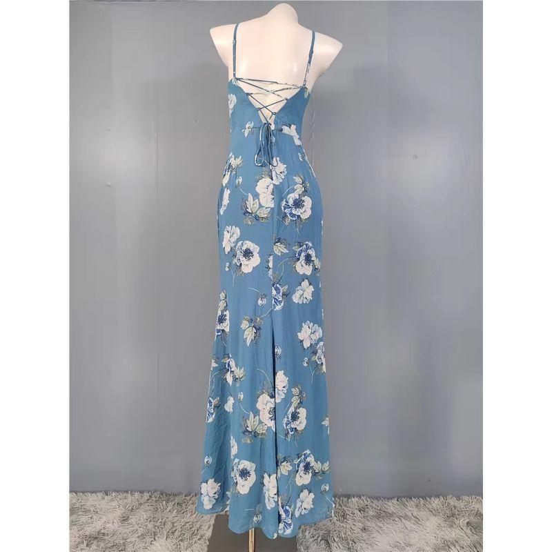 Foreign Trade Lu's Exquisite Print Square Collar Niche Design Open Collarbone Sling Backless Sexy Vacation Beautiful Dress
