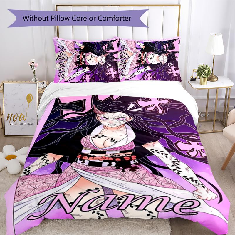 3pcs Custom Name Demon Slayer Nezuko Bedding Set Duvet Cover Closure Includes 1 Duvet Cover & 2 Pillowcases for All Seasons Bedroom Decor