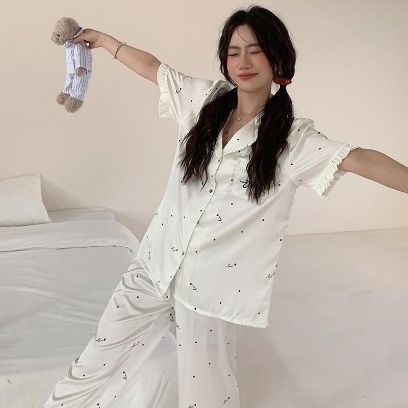 1011 new pajamas women's summer ice silk short-sleeved trousers set Korean fresh cartoon printed loungewear
