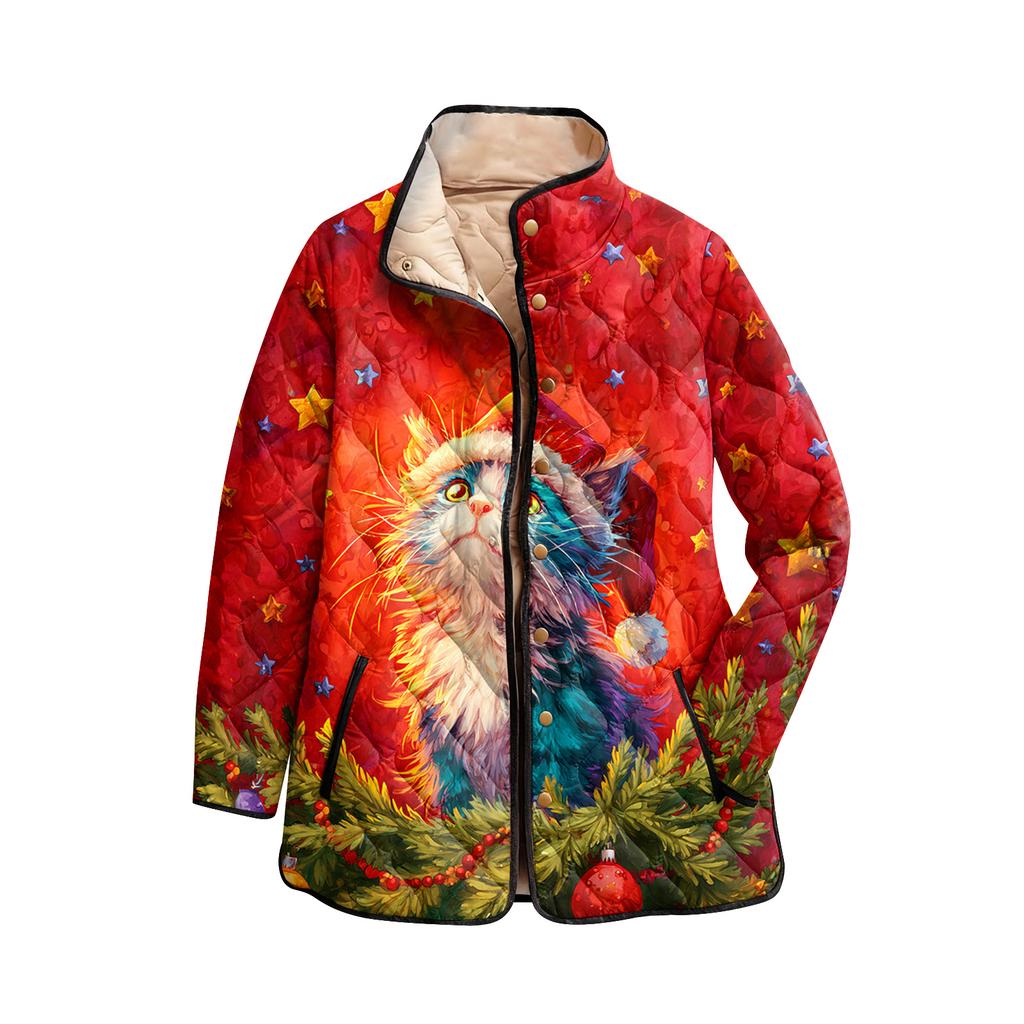 Dámský vánoční potisk s vysokým límcem polstrovaný bavlněný kabát s dlouhým rukávem a zapínáním na knoflíky